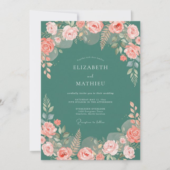 Convites Casamento Rosa Verde Teal (Frente)