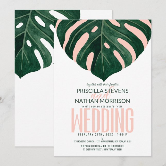 Convites Casamento rosa verde-tropical com folhas de queijo (Frente/Verso)