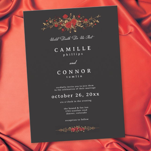 Convites Casamento Rosa Vermelho Gótico Até que a Morte Nos (Gothic Red Rose Until Death Do Us Part Wedding Invitation)
