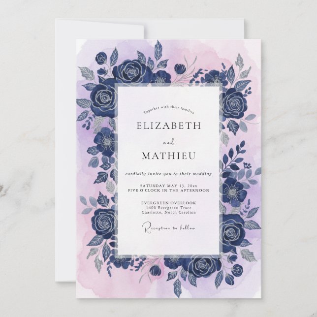 Convites Casamento Rosa Violeta Cobalto (Frente)