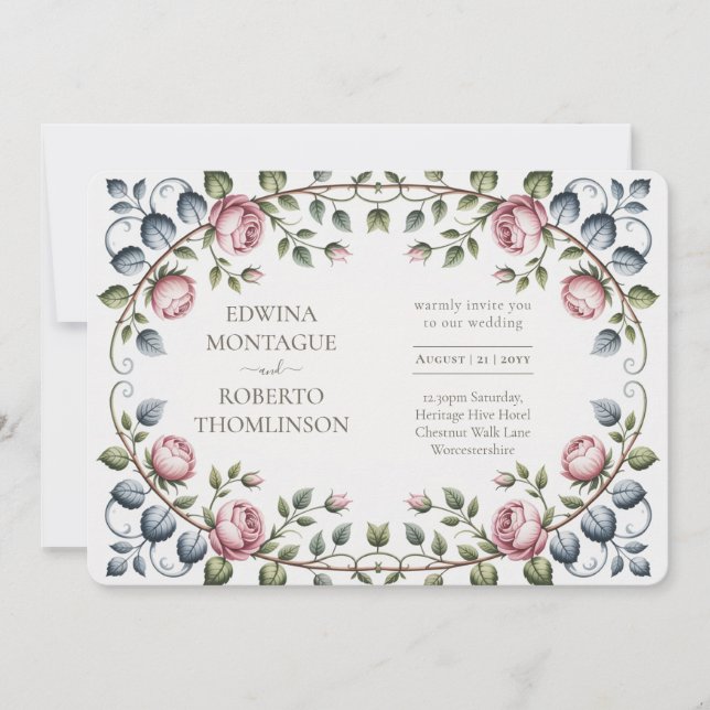 Convites Casamento Rosa Vitoriana Horizontal Heritage (Frente)