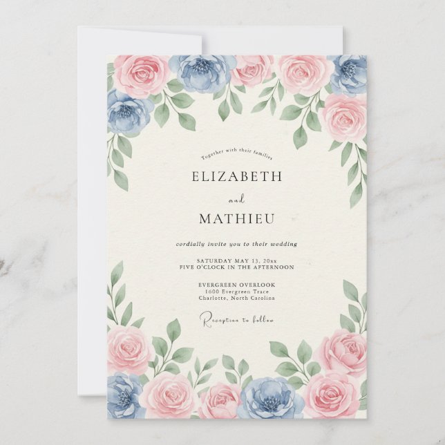 Convites Casamento Rosado Azul Empoeirado de Primavera (Frente)