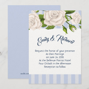 Convites Casamento Rosas Brancas-Convite em Stripes Azuis