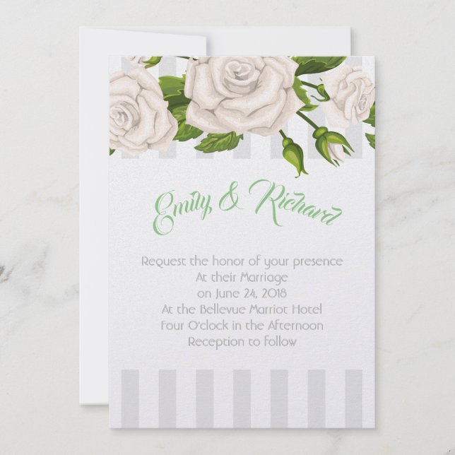 Convites Casamento Rosas Brancas em Stripes Invitati (Frente)