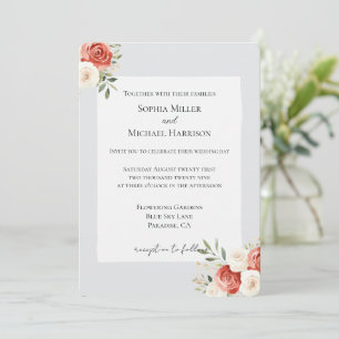 Convites Casamento Rosas Creme Vermelho Cinza Romântico