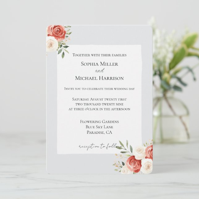Convites Casamento Rosas Creme Vermelho Cinza Romântico (Em pé/Frente)