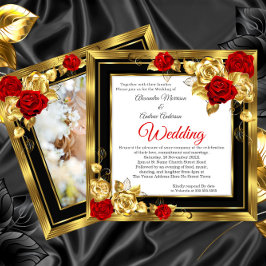 Convites Casamento Rosas Douradas Vermelhas Foto Preto Dour