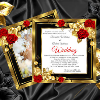 Convites Casamento Rosas Douradas Vermelhas Foto Preto Dour