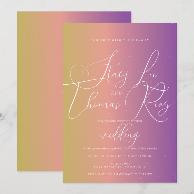 Convites Casamento Roscrito Roxo Ombre Moderno e Ousado   (Frente/Verso)