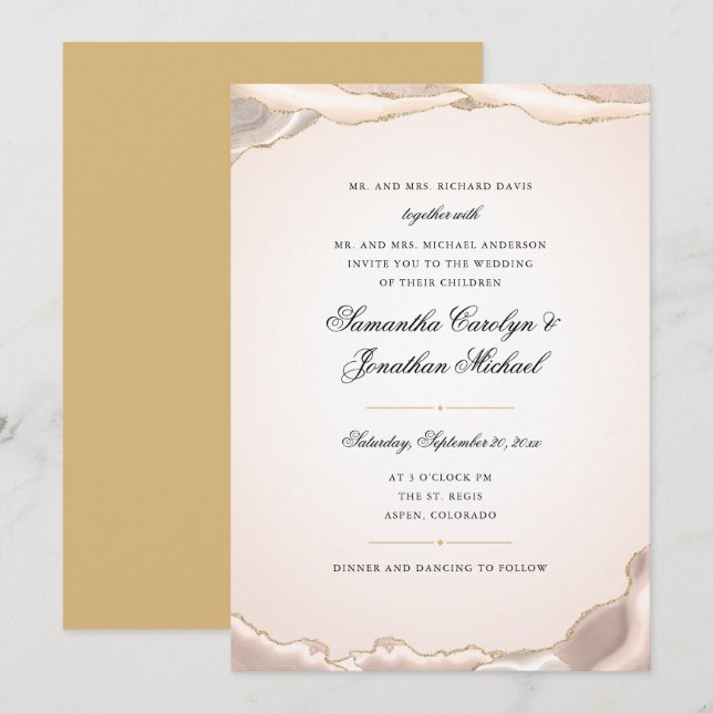 Convites Casamento Roteiro Brilho Ouro Ágata Rosa (Frente/Verso)