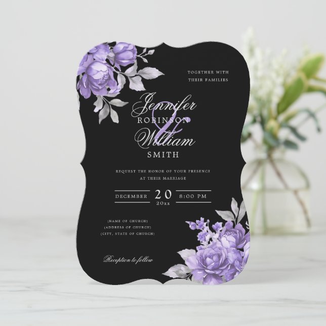Convites Casamento Roteiro Roxo Rústico Floral Preto  (Em pé/Frente)