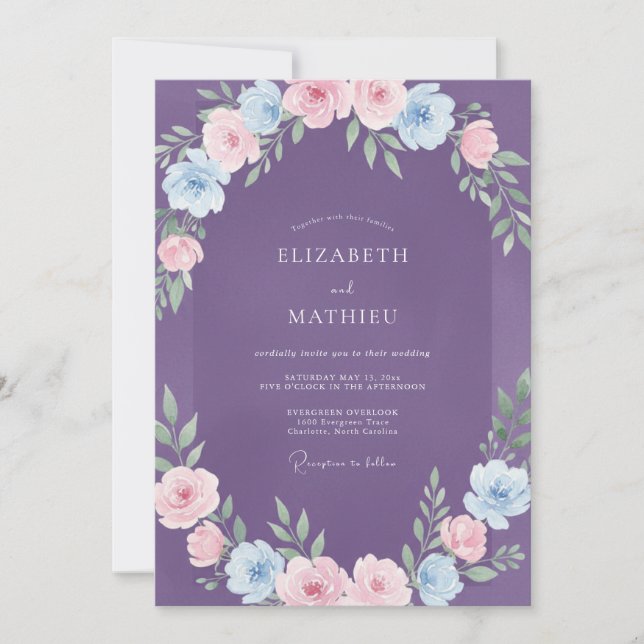 Convites Casamento Roxo Azure Ranunculus Eucalipto (Frente)