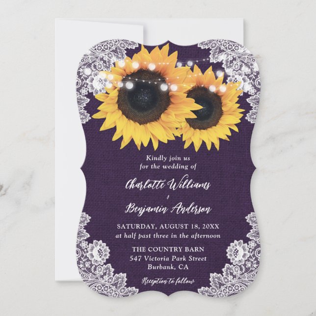 Convites Casamento Roxo Burlap Floral Lace Sunflower (Frente)