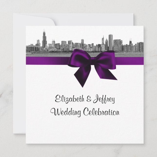 Convites Casamento Roxo BW SQ - Skyline de Chicago (Frente)