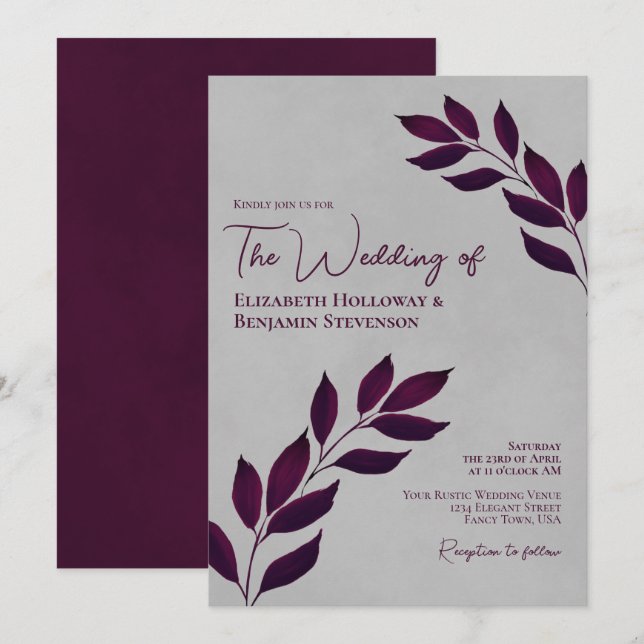 Convites Casamento Roxo Cassis Sonhador Elegante Cinza (Frente/Verso)