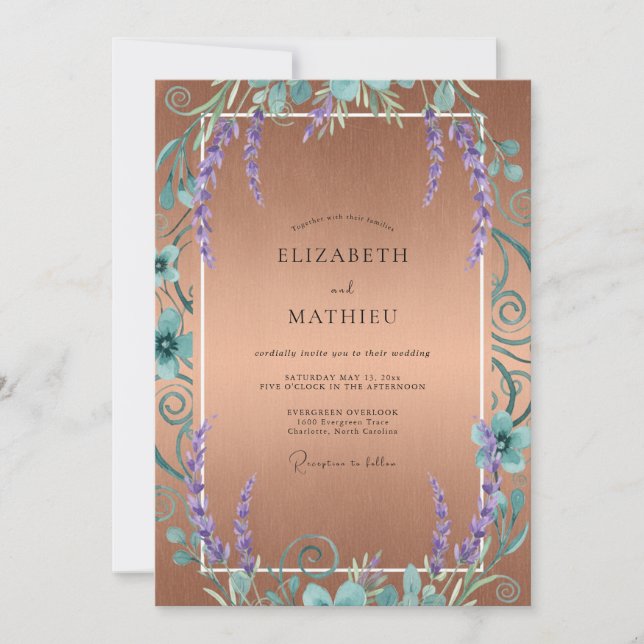 Convites Casamento Roxo Cobre Wisteria (Frente)