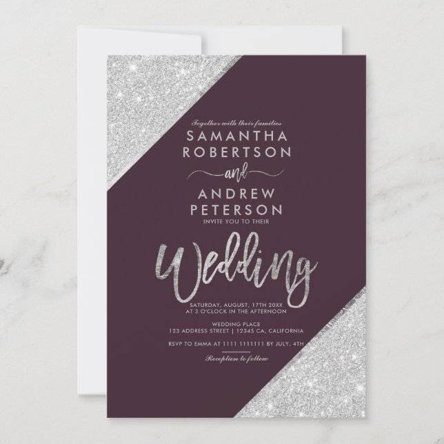 Convites Casamento roxo com tipografia prateada moderna (Frente)