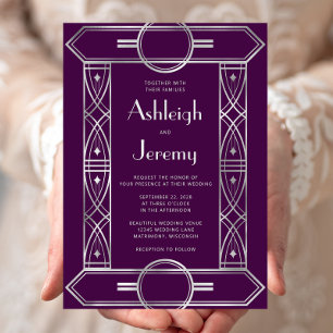 Convites Casamento Roxo da Moldura de Vintage Silver
