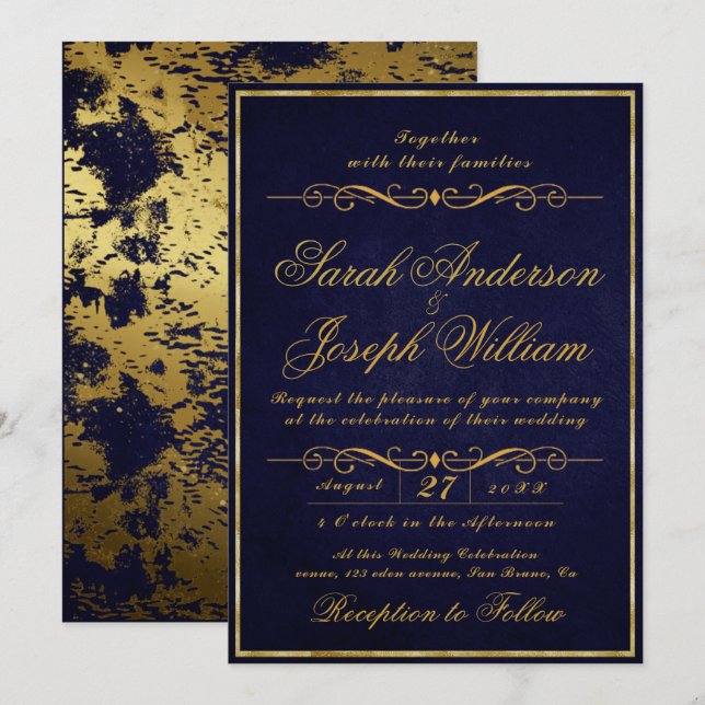 Convites Casamento Roxo de Foil e Textura Dourada de Luxo I (Frente/Verso)