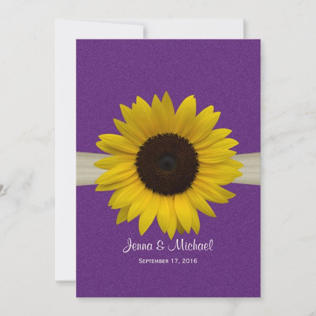 Convites Casamento Roxo de Girassol e Burlap (Frente)