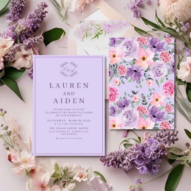 Convites Casamento roxo de Lavanda do Jardim da Aquarela Ro (Criador carregado)