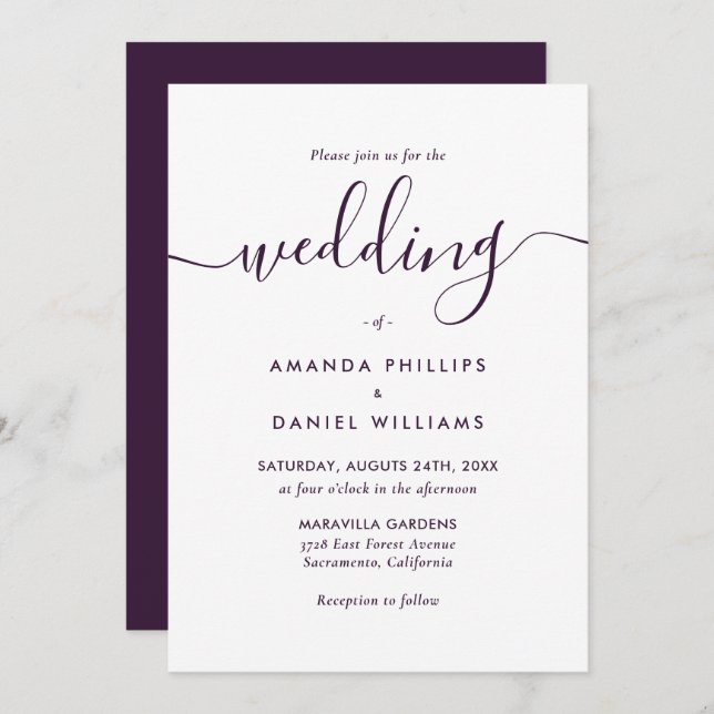Convites Casamento Roxo de Script Moderno Elegante (Frente/Verso)
