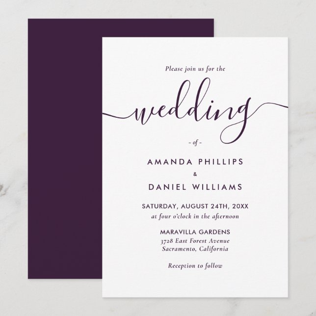 Convites Casamento Roxo de Script Moderno Elegante (Frente/Verso)