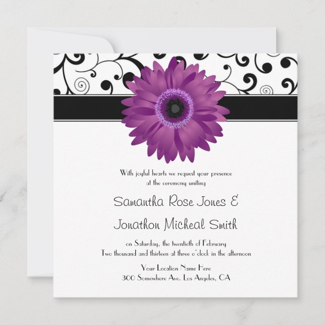 Convites Casamento roxo do design do rolo do preto da (Frente)