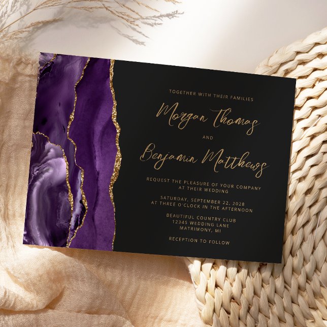 Convites Casamento Roxo Dourado Ágata Escrita Escura (Criador carregado)