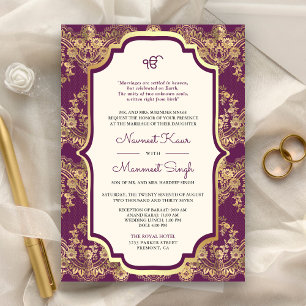 Convites Casamento Roxo-Dourado Código QR Anand Karaj Sikh