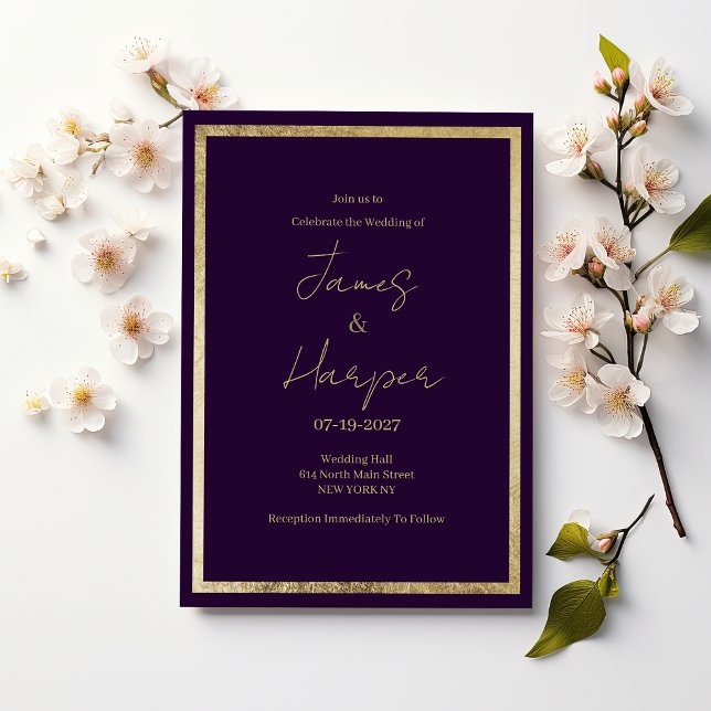 Convites Casamento roxo dourado minimalista moderno e elega (Elegant modern minimalist purple gold Wedding )