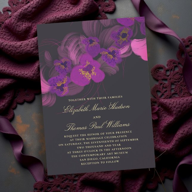 Convites Casamento Roxo Dourado Ousado Orquídea Mal-humorad (orchid wedding invitation dark moody romantic purple gold elegant modern classic formal black)