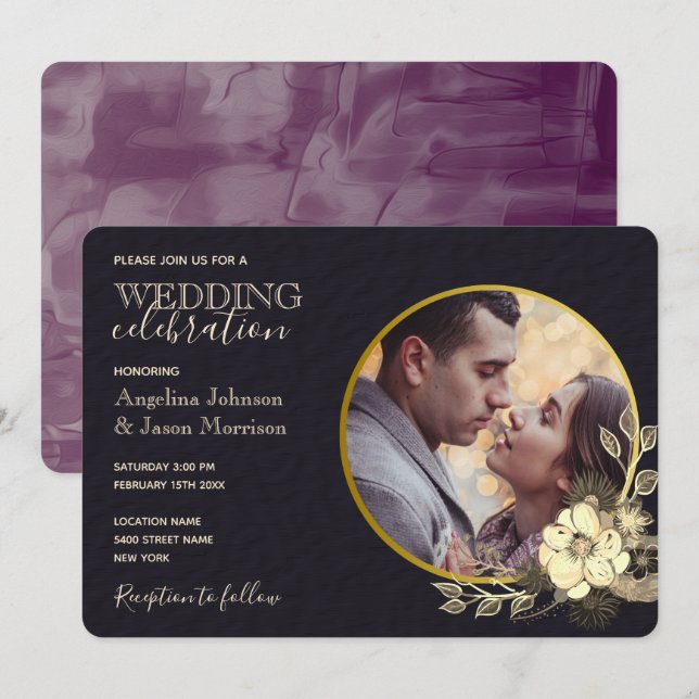 Convites Casamento Roxo Dourado Preto Floral Temperamental (Frente/Verso)