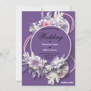 Convites Casamento Roxo e flores brancas e rosadas