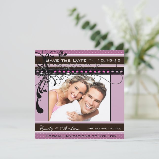 Convites Casamento Roxo e Rosa Foto Salvar a Data (Em pé/Frente)
