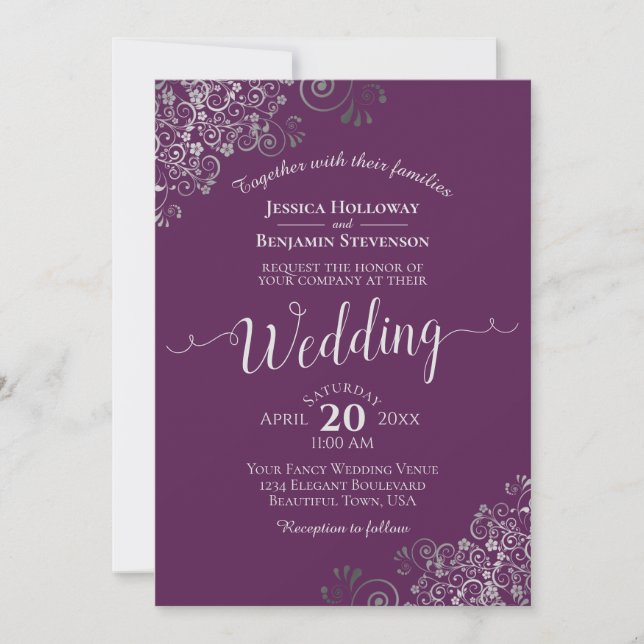 Convites Casamento Roxo Elegante de Caligrafia Prata (Frente)