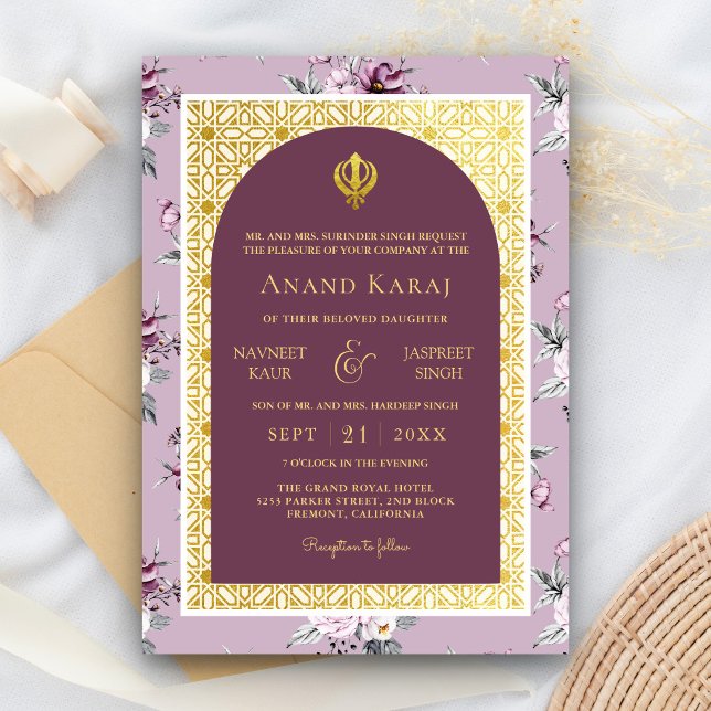 Convites Casamento Roxo Floral Anand Karaj Punjabi Sikh (Criador carregado)