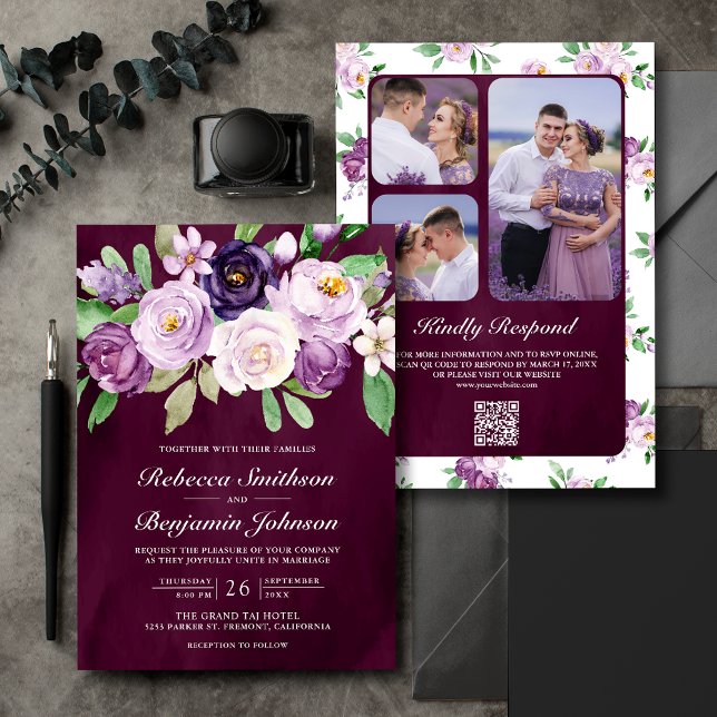 Convites Casamento Roxo Floral Código QR Escuro Tonalidade  (Criador carregado)