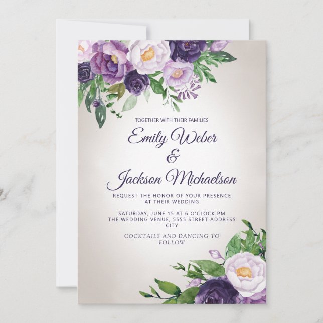 Convites Casamento Roxo Lavanda Folhagem  (Frente)