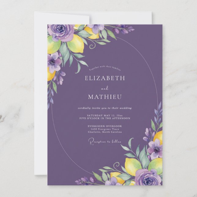Convites Casamento Roxo Limão Eucalipto (Frente)