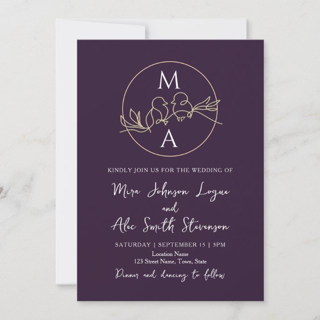 Convites Casamento Roxo Monograma (Frente)