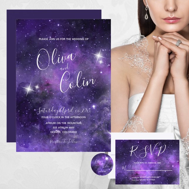 Convites Casamento Roxo Noturno Romântico do Céu Estrelado (Romantic Night Sky Starlight Purple Wedding Invitation)