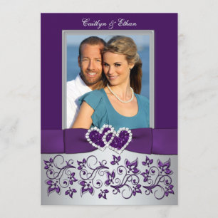 Convites Casamento  Roxo, Prata  Floral, Corações  Foto
