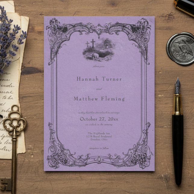 Convites Casamento Roxo Preto Gótico Vintage (Criador carregado)