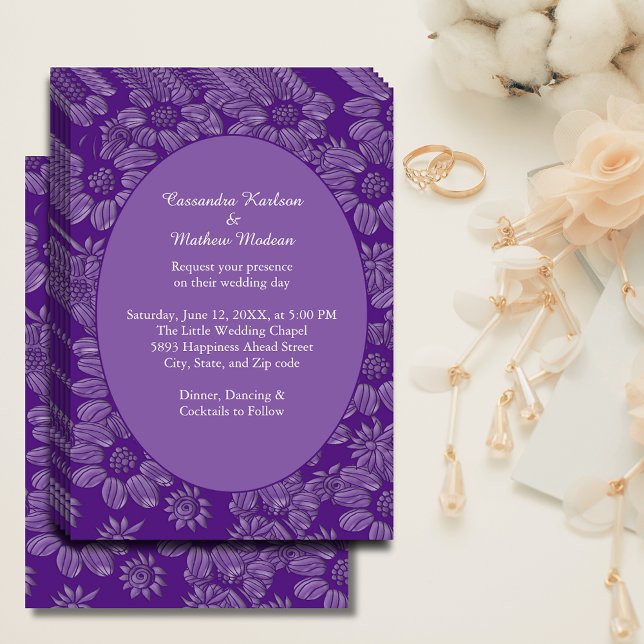 Convites Casamento Roxo-Romântico das Estrelas Elegante (Elegant Romantic Daisies Floral Purple Wedding Invitation)