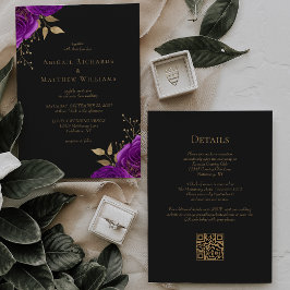 Convites Casamento Roxo Roxo Dourado Floral Escuro QR Códig