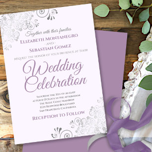 Convites Casamento Roxo Simples Elegante Silver Filigree