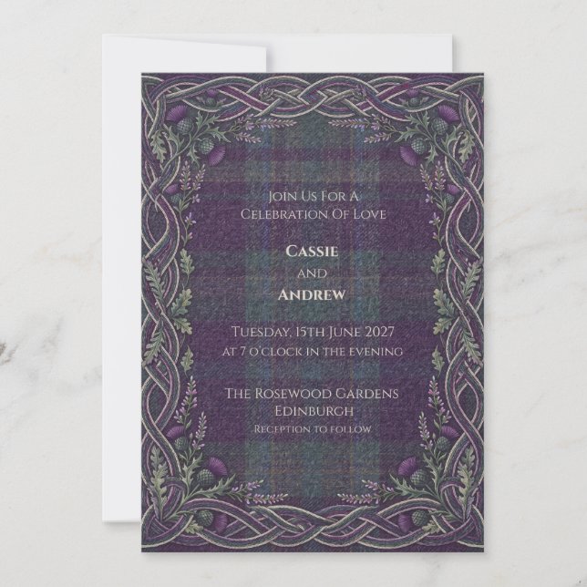 Convites Casamento Roxo Tartan Celtic Cardo (Frente)