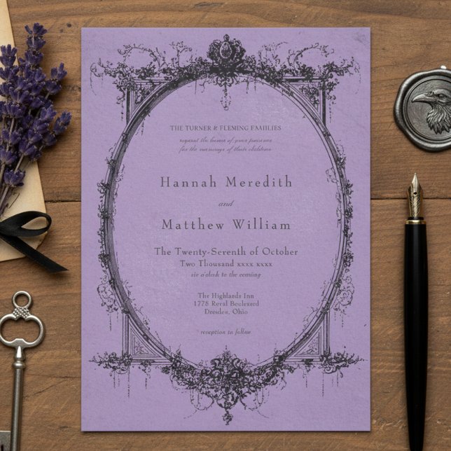 Convites Casamento Roxo Toile Preto Gótico Antigo (Criador carregado)