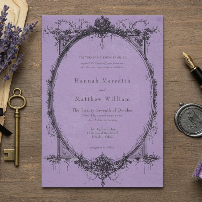 Convites Casamento Roxo Toile Preto Gótico Antigo (Criador carregado)